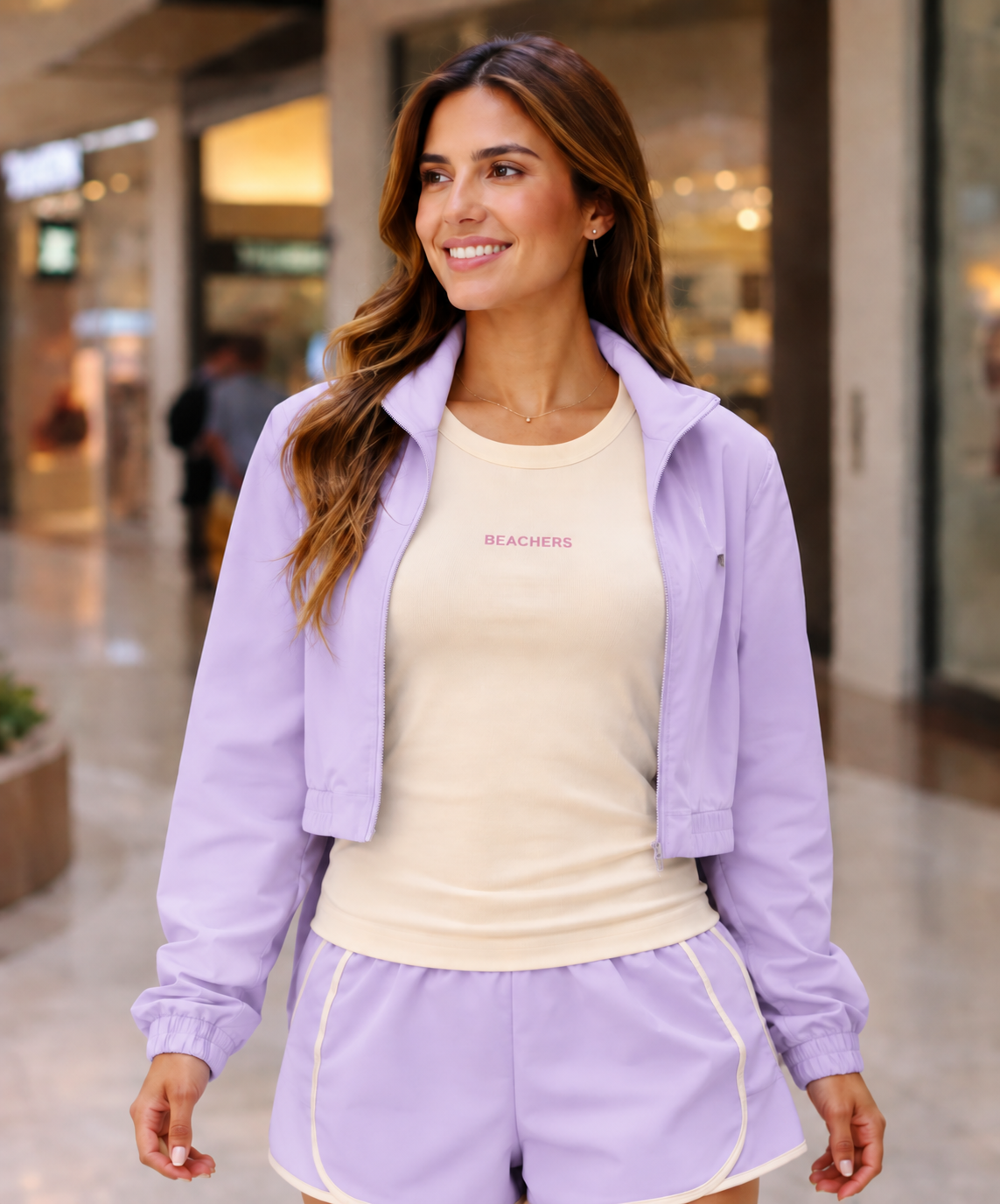 Kit 3 Peças Conjunto Jaqueta Feminina Cropped Esportiva com Bolsos, Zíper e Gola Alta Ellen, Blusa Regata Active Larissa e Bermuda Short Active Bruna com Viés Beachers