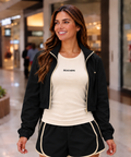 Kit 3 Peças Conjunto Jaqueta Feminina Cropped Esportiva com Bolsos, Zíper e Gola Alta Ellen, Blusa Regata Active Larissa e Bermuda Short Active Bruna com Viés Beachers