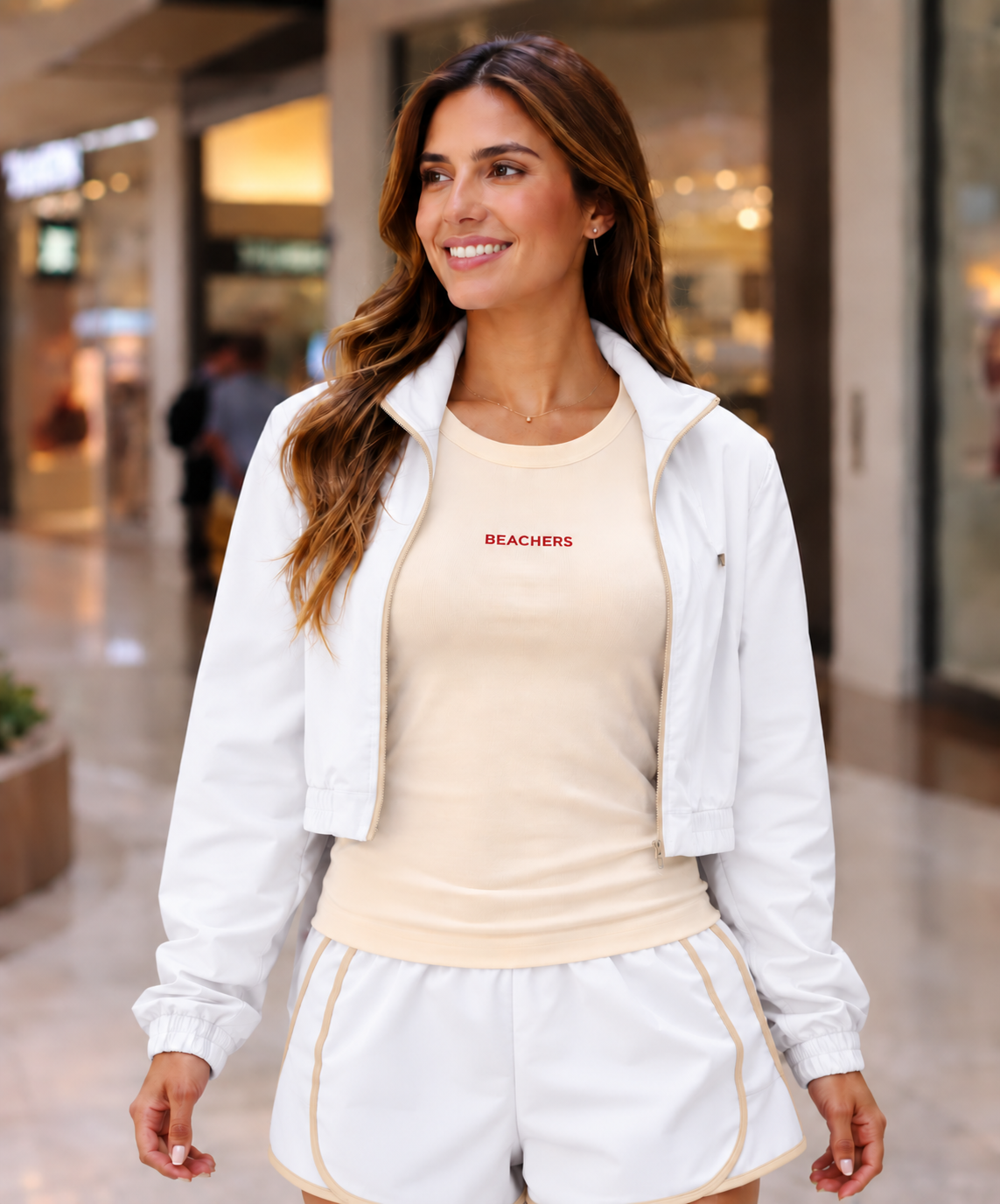 Kit 3 Peças Conjunto Jaqueta Feminina Cropped Esportiva com Bolsos, Zíper e Gola Alta Ellen, Blusa Regata Active Larissa e Bermuda Short Active Bruna com Viés Beachers