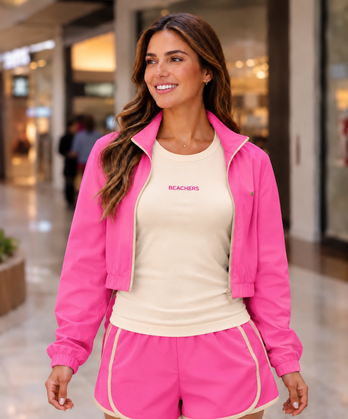 Kit 3 Peças Conjunto Jaqueta Feminina Cropped Esportiva com Bolsos, Zíper e Gola Alta Ellen, Blusa Regata Active Larissa e Bermuda Short Active Bruna com Viés Beachers