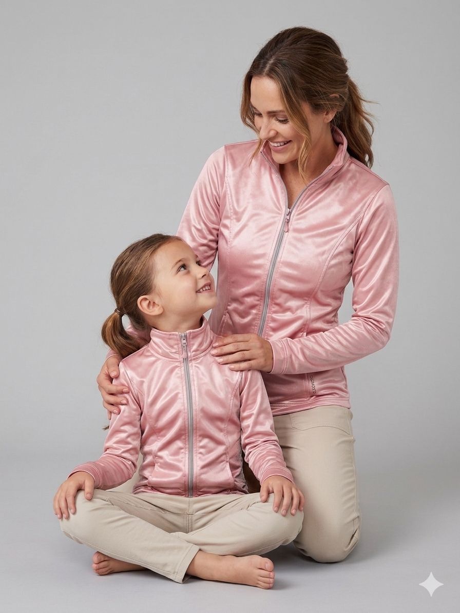 Kit Mãe e Filha Casaqueto Casaco Rose Perolado Old Money e Calça Active Sophie Bolsos Laterais BEACHERS