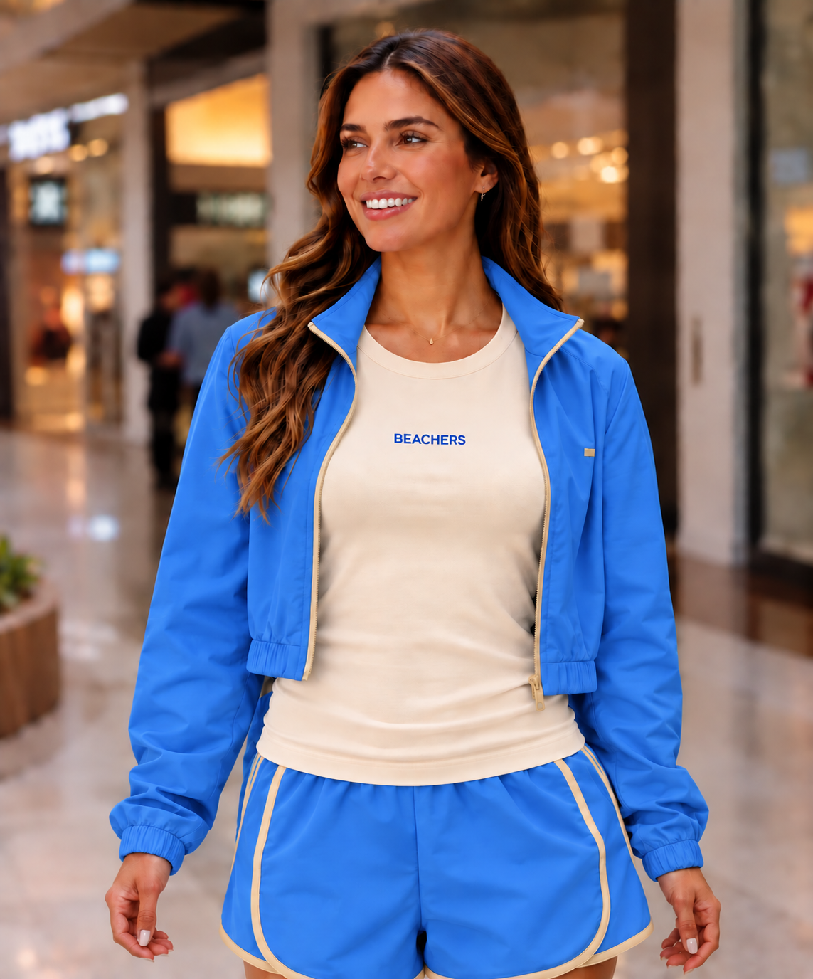 Kit 3 Peças Conjunto Jaqueta Feminina Cropped Esportiva com Bolsos, Zíper e Gola Alta Ellen, Blusa Regata Active Larissa e Bermuda Short Active Bruna com Viés Beachers