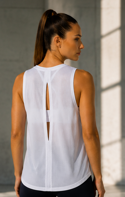 Blusa Regata Fitness Esportiva Dry Fit Micro Furinhos Aberta nas Costas Hortência Beachers