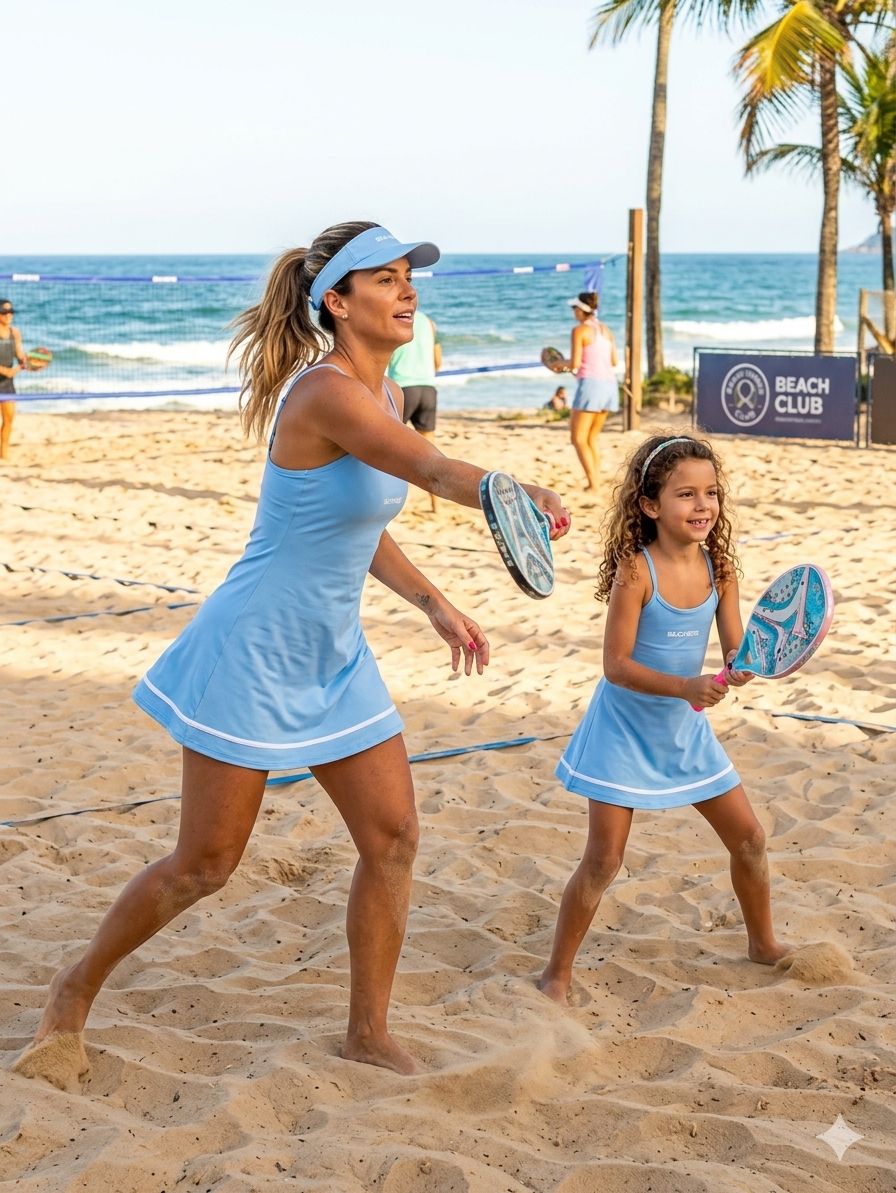 Kit Mãe e Filha Vestido Esportivo Alcinhas Rodado Aberto nas Costas Active Samoara Beachers