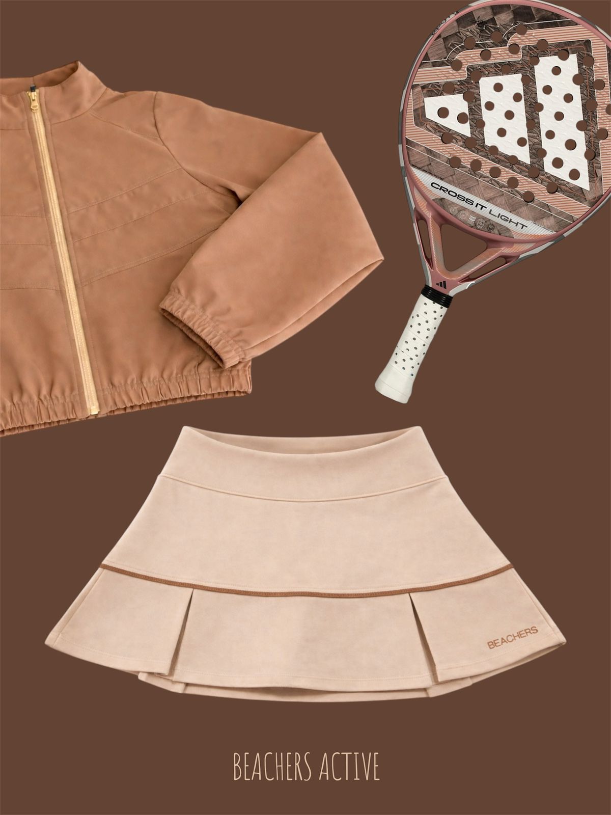 Conjunto Jaqueta Feminina Cropped Esportiva com Bolsos, Zíper e Gola Alta Ellen e Saia Short Esportiva Ane Viés Active Beachers